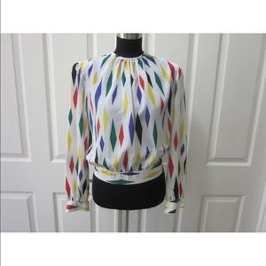 Vtg 80's Lloyd Williams White w/ Multi Color Diamond Print Long Sleeve Shirt 8